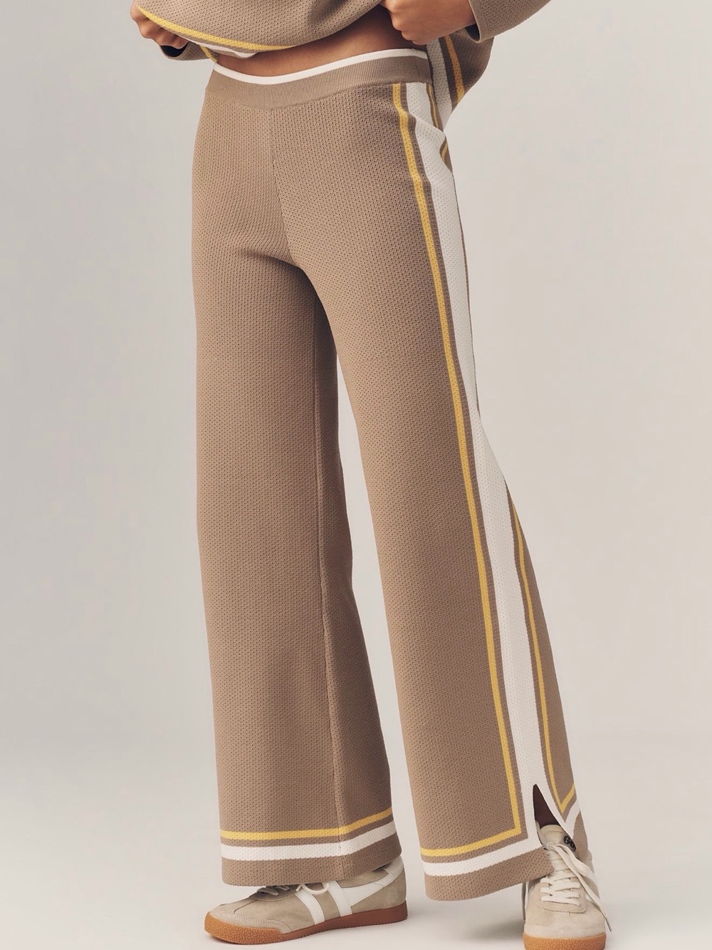 The Upside Taupe Wide-Leg Knit Pants with Yellow & Cream Trim